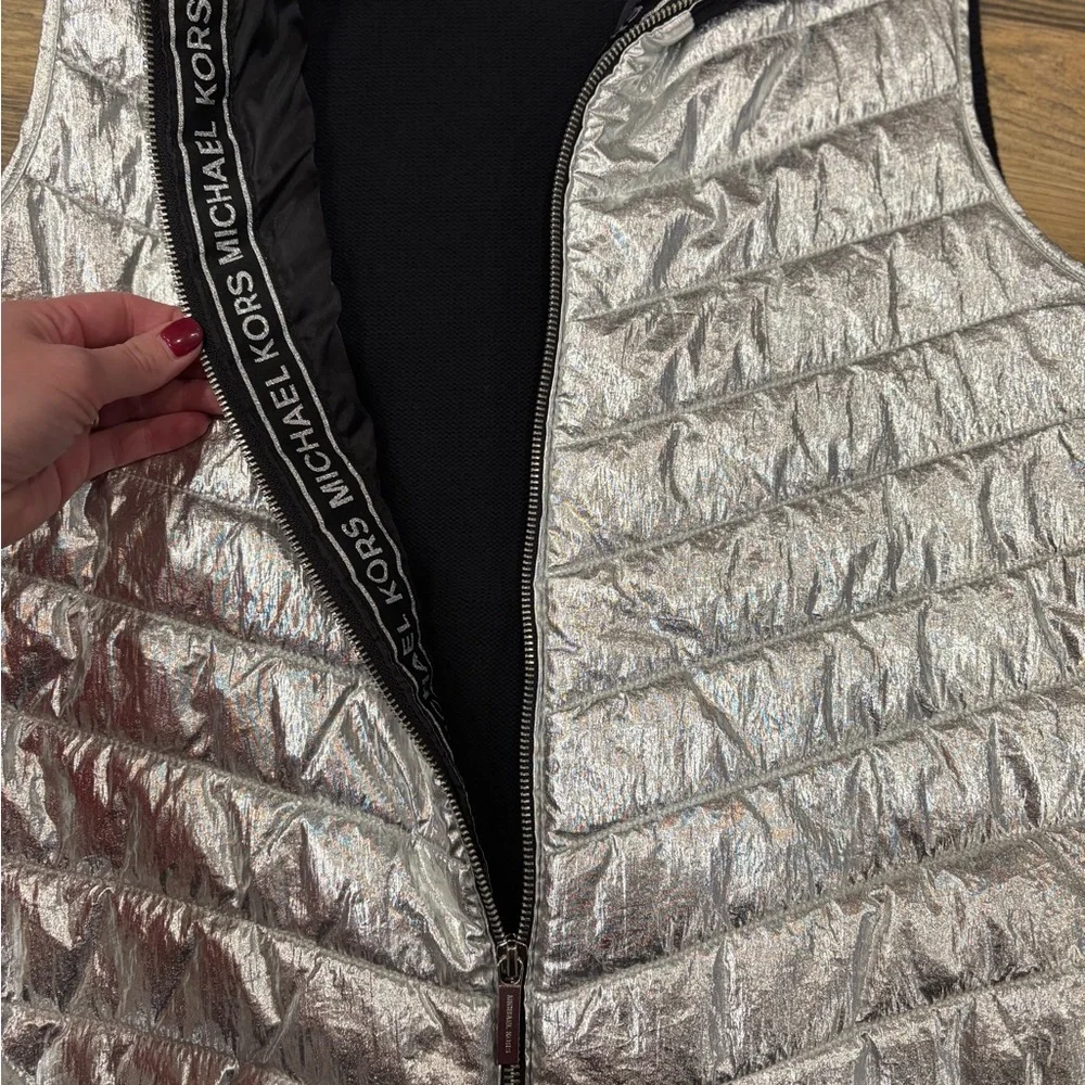 Michael Kors Silver Metallic Quilted Vest with Black Collar size L